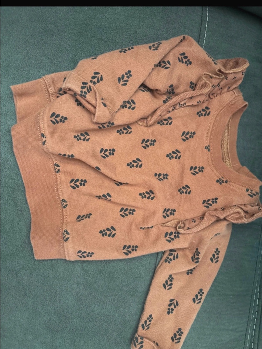 Rust Brown Girls' Sweatshirt with Black Leaf Print and Ruffle Trim